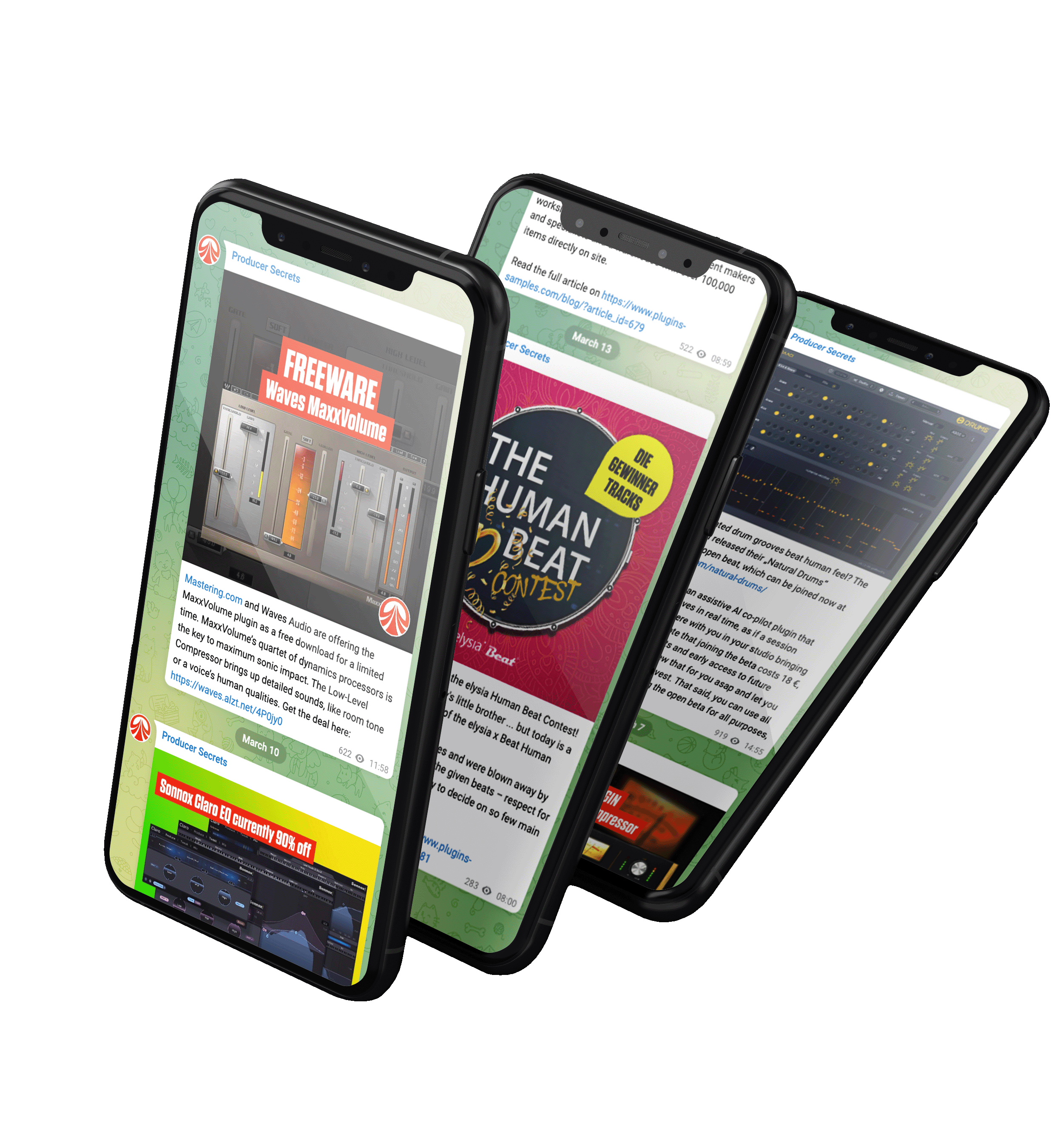 Three phones showing representative Screens of the Producer Secrets Telegram Channel.